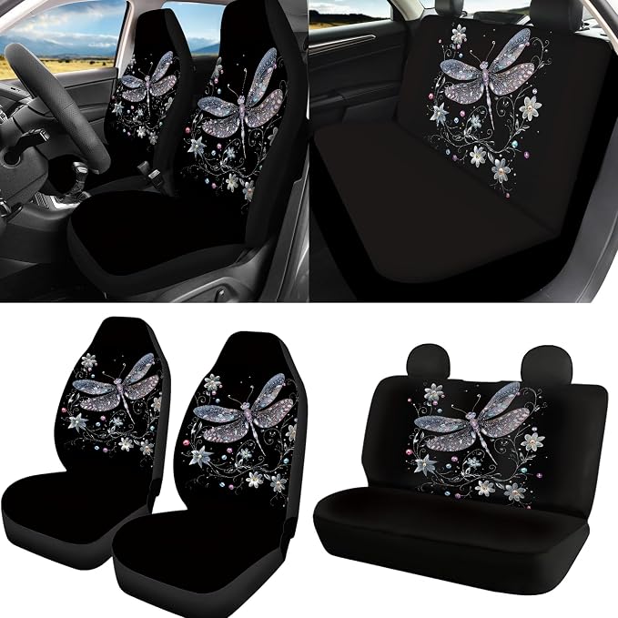 9 Piece Dragonfly Print Seat Covers for Women Set, Breathable Stretchy Auto Car Seat Cover with Steering Wheel Cover Safety Belt Pads Universal Fit for Cars Trucks SUV, Black