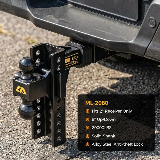 CAMMOO Adjustable Trailer Hitch, Tow Hitch Fits 2 inch Receiver, 8 inch Rise/Drop Hitch, 2" and 2-5/16" Ball Hitch, 20000 LBS GTW Truck Hitch with U-Shaped Alloy Steel Anti-Theft Pin, Black, ML-2080