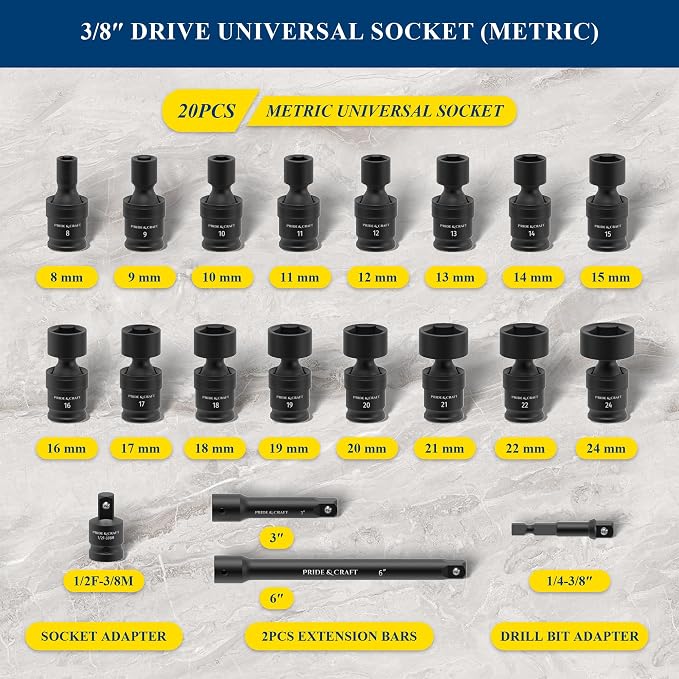 PRIDE&CRAFT 3/8" Drive Universal Impact Swivel Socket Set, 20 Piece Cr-Mo Steel Air Tool Accessories for Automotive & Machinery, 6-Point Universal Joint Socket, Metric,8-24mm,with Extension Bars