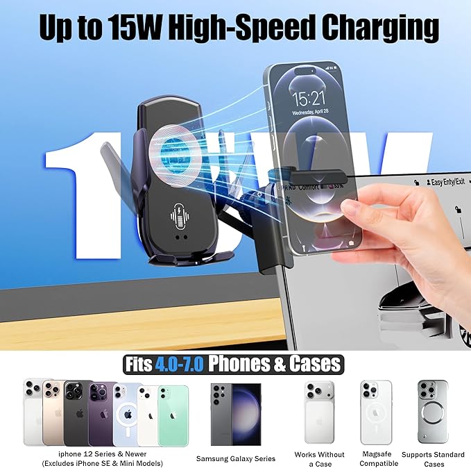 Car Phone Mount for Model 3 & Model Y, Screen Side Custom Fit for Center Display, 15W Wireless Fast Charging Auto-Clamping, Unobstructed View, Compatible with iPhone & Android