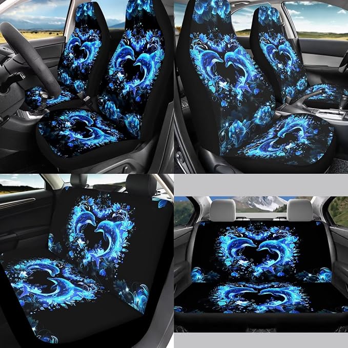 Blue Dolphin Car Seat Covers Full Set 12 Pcs Car Steering Wheel Cover Center Console Cover Fashion Auto Seat Belt Covers Gear Lever Cover Fit for Most Cars, SUVs