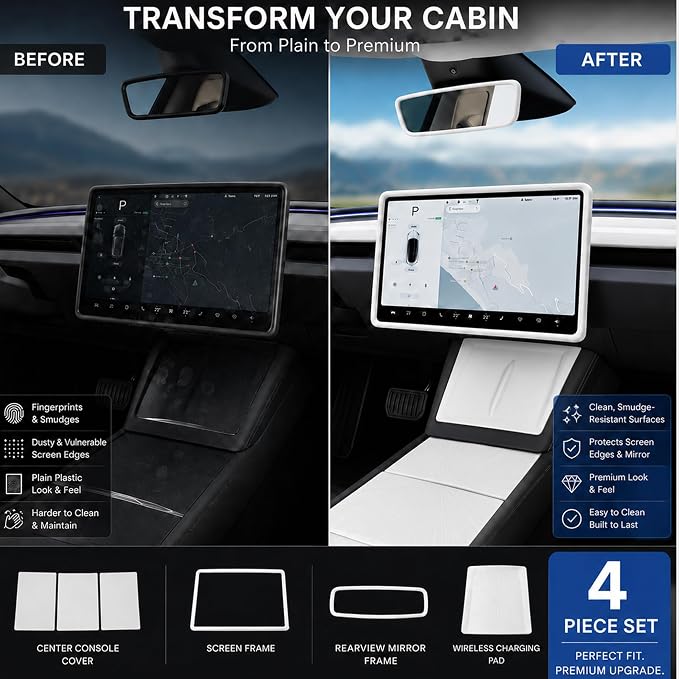 4Pcs White Soft Silicone Interior Kit for Tesla Model 3 Highland 2024-2026 & for Model Y Juniper 2025-2026, Center Console Cover, Screen Bezel, Charging Pad Mat, Mirror Frame