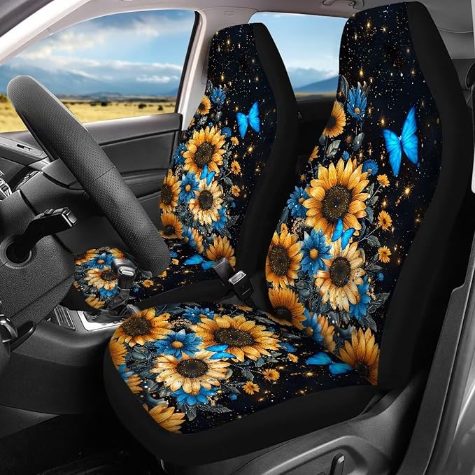 BIGCARJOB Sunflower Car Seat Cover Full Set of 12 Pcs Blue Butterfly Car Interior Accessories Set with Armrest Cover,Cup Holder,Steering Wheel Covers,Seat Belt Pads