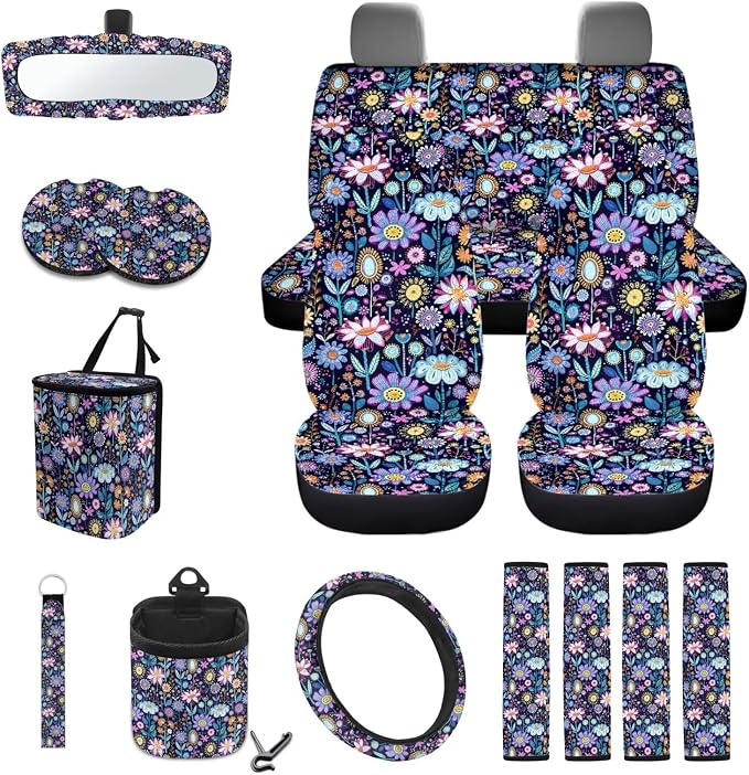 Wanyint Hippie Flower Lotus Car Seat Cover Set 15 PCS, with Steering Wheel Cover Seat Belt Pads Garbage Bag Air Vent Pocket Rearview Mirror Cover Car Coasters Keychain Fit for SUV Trucks Vans Sedans