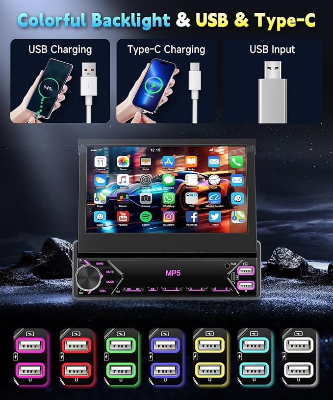 7 inch Single Din Flip Out IPS Touchscreen Car Stereo, 1 Din Car Stereo with Bluetooth Car Audio Receivers, Backup Camera, FM Radio/Mirror Link/USB/AUX/TF/Type-C Fast Charging