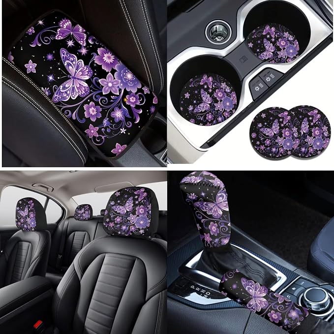 Lotusorchid Butterfly Floral Print Car Accessories Full Set, Washable Car Front Back Seat Covers and Gear Shift Knob Cover, Anti-Dust Steering Wheel Cover and Auto Seat Covers