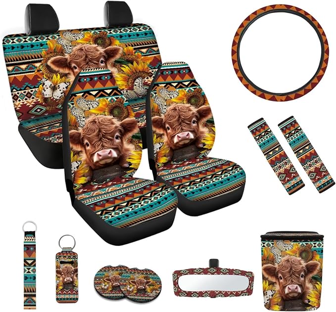 Aztec Highland Cow 12 Pieces Car Accessories Set Steering Wheel Cover Seat Belt Pads Car Trash Bin Rear View Mirror Cover Car Coasters Keychain Holder Keychains Fashion Auto Interior