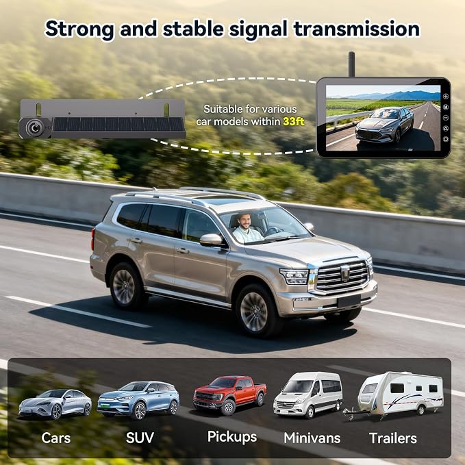 Solar Wireless Backup Camera with 5” IPS Monitor, Reversing System Powered by Rechargeable Battery and Solar Panel, 3-min Easy Installation, IP68 Waterproof, for Car, Trailer, RV, Pickup