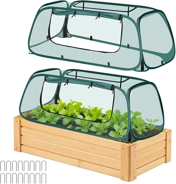 Pop-Up Mesh Garden Cover for Raised Beds – 2-Pack Outdoor Plant Cage with 30% Sun Shade & Insect Protection, Zip Window, Foldable Crop Tent for Seedlings, Wildlife, Includes 8 Stakes