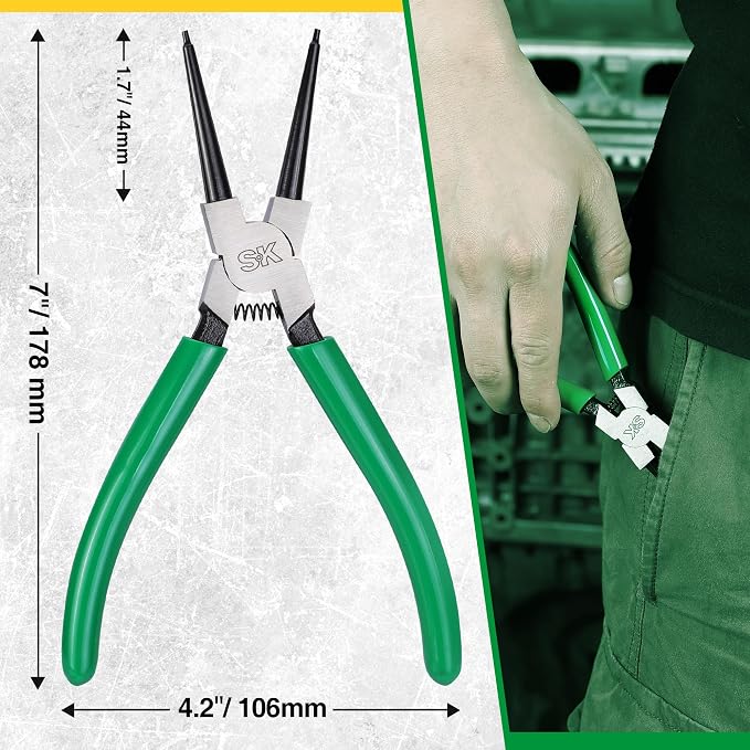 SK 7-Inch Snap Ring Pliers, Internal Circlip Pliers with Straight Jaw, Tip Diameter 0.07'', Premium CR-V Steel