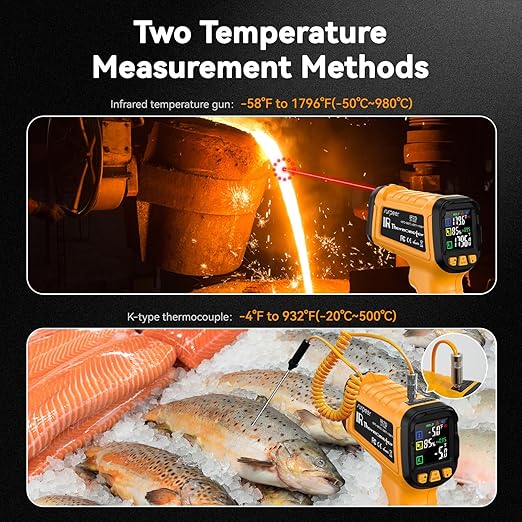 Infrared Thermometer Gun, Dual Mode, 50:1 D/S | -58°F-1796°F Surface Reading,-4°F to 932°F K-Type Probe, 13-Point Laser Accuracy, Humidity Monitoring, For HVAC & Pizza Ovens