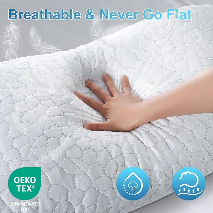 QUTOOL Cooling Pillow for Sleeping, CertiPUR-US Shredded Memory Foam King Pillows Set of 2, Cool Pillow for Hot Sleepers Adjustable Firm Pillow for Side, Back, Stomach Sleepers Soft Yet Support, White