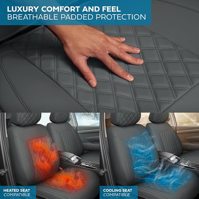 MotorBox Haven Series Napa Leather Seat Covers for Cars, Lux Edition Diamond Stitched Front Seat Covers, Premium PU Leatherette Gray Car Seat Covers for Cars Trucks SUVs