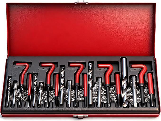 Metric Helicoil Thread Repair Kit: 131-Piece Heli Coil HSS Drills Inserts Taps & Tools M5 M6 M8 M10 M12 Automotive Engine Spark Plug Cylinder Insertion Rethreading Tools Universal Rethread Restorer