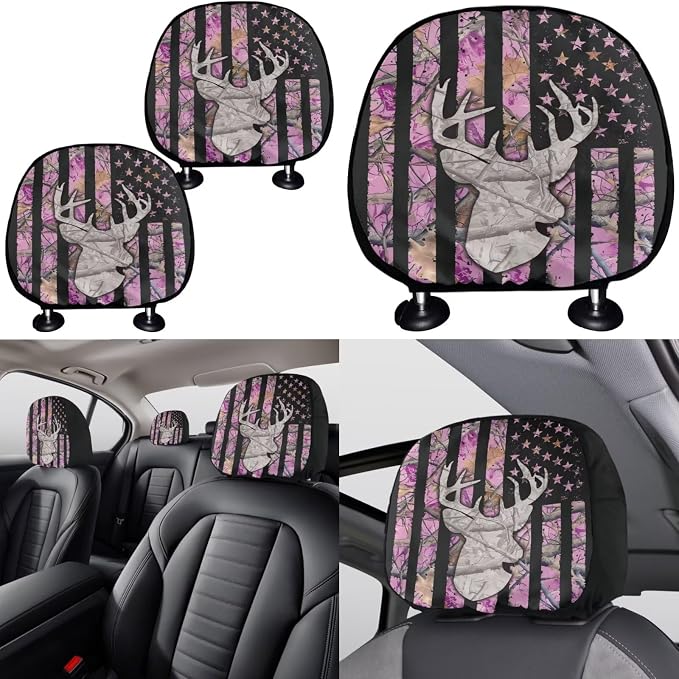 KEIAHUAN Car Front Rear Seat Covers Full Set for Women 11 Pcs Pink Branch Camo Hunting with Stretch Steering Wheel Cover+Headrest Cover+Gear Shift Cover&Handbrake Cover+Cup Coasters Fit Most Vehicle