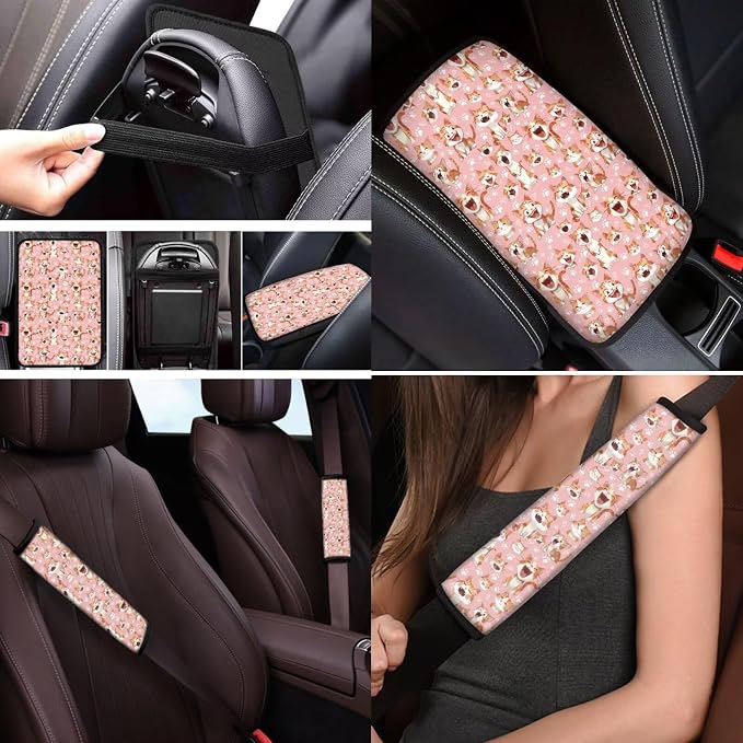Mumeson Cute Cats Womens Car Accessories Decor Set Car Seat Covers Set with Steering Wheel Cover/Seat Belt Shoulder Pads/Armrest Cushion for Car Auto Interior Decor