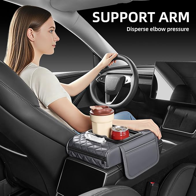 5 in 1 Nappa Leather Console Armrest Cover, Gray | Built-in cup holder, tissue slot, phone holder & 2 storage pockets, practical car accessories fit SUV sedan truck
