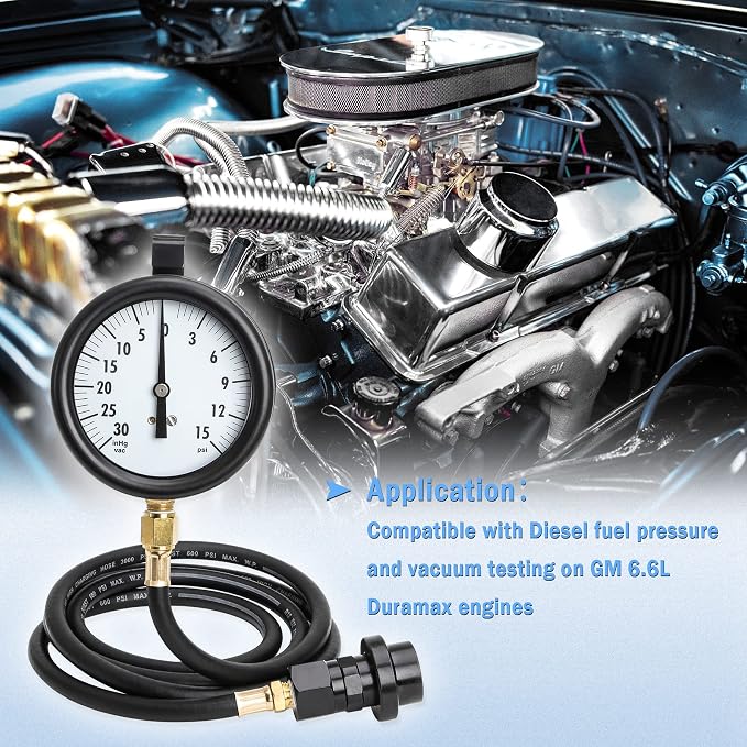 Fuel Pressure Tester Kit Compatible with TU-32-6 Fuel System Test 6.6 L | GM Duramax Diesel Gauge Assembly Test Kit with Quick Coupler 30 inHg 15 PSI 6FT Black Hose Storage Box