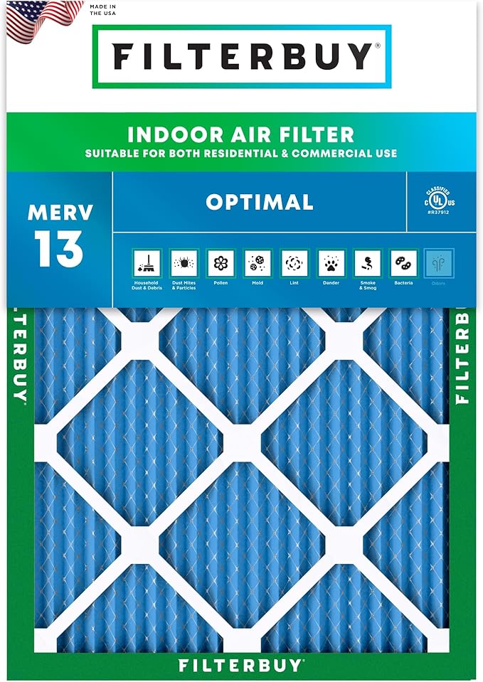 Filterbuy 12x18x1 Air Filter MERV 13 Optimal Smoke & Allergy Defense (1-Pack), Electrostatic Pleated HVAC AC Furnace Filters Replacement (Actual Size: 11.50 x 17.50 x 0.75)