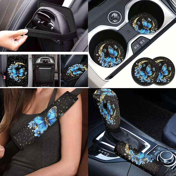 BIGCARJOB Butterfly Car Seat Cover Set - Blue Moon Butterfly Design - Steering Wheel Cover, Seat Belt Pads, Armrest Pad & More - 12 Pcs Car Decorative Accessories