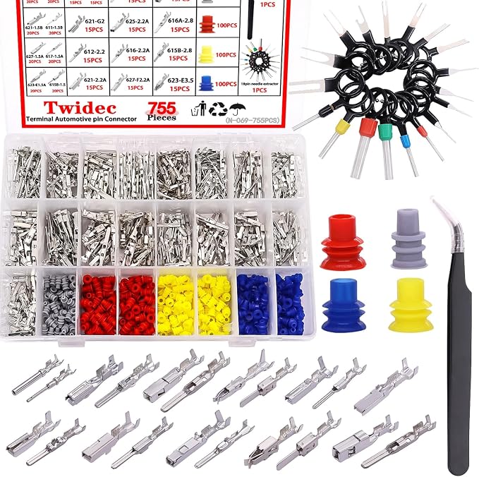 Twidec/755PCS Car Electrical Wire Terminal Pins Connector Kit 21Type 1/1.5/1.8/2.2/2.8/3.5mm Auto Electric Connector Pins Terminal Non-Insulated Plug Removal Male Female Crimp Pins