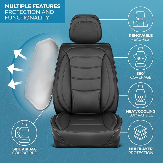 MotorBox Elite Edition Faux Leather Seat Covers for Cars, Trucks, & SUV - 2 Black Car Seat Covers for Front Seats - Universal Fit Car Accessories Automotive Interior Cover Protector for Most Vehicles