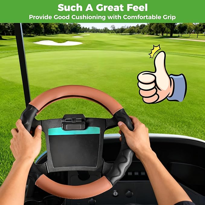 10L0L Golf Cart 14" Steering Wheel Cover for Club Car DS Precedent and Yamaha Models, Breathable Rubber Leather Materials,Good Texture Nice Look（Black+Brown）