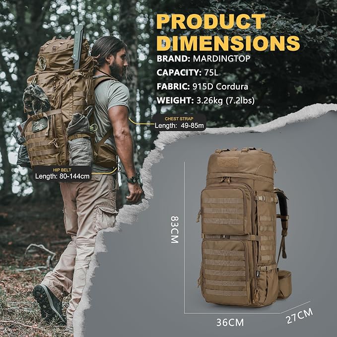 Mardingtop 75L Molle Hiking Internal Frame Backpacks with Rain Cover for Camping,Backpacking,Travelling(Cordura Khaki)