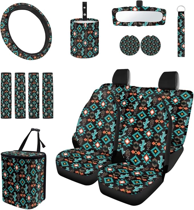 Southwestern Aztec Cactus Car Accessories Car Seats Cover Protector, Steering Wheel Covers, Seatbelt Cover, Car Trash Can, Cup Coasters, Rearview Mirror Cover, Keychains, Pack of 15