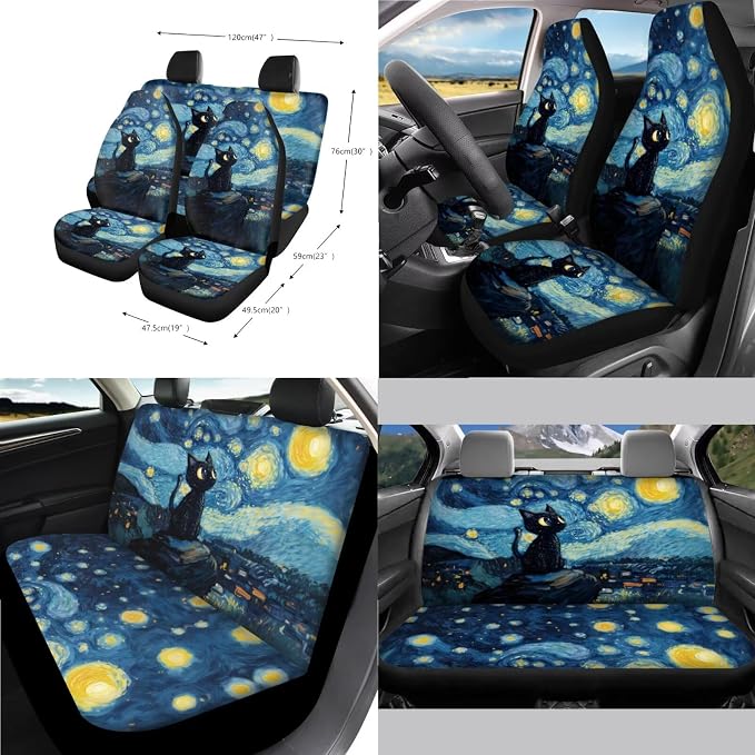 Starry Cat Print Car Seat Covers Front and Back Full Set with Steering Wheel Cover Armrest Cushion Safety Belt Pads Rearview Mirror Cover for Most Cars, Easy to Install