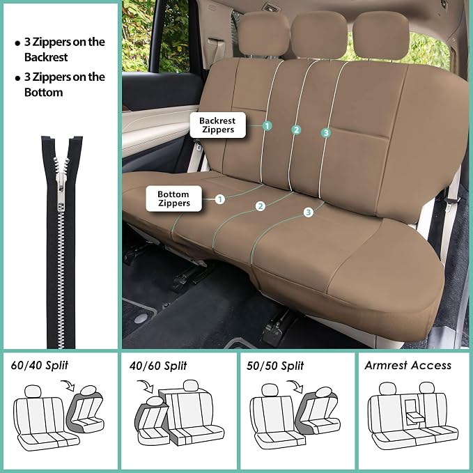 FH Group Car Seat Cover Airbag Compatible Full Set Beige Premium PU Leather - Split Bench Combo Vinyl Floor Mats Seat Covers Interior Accessories Universal Fit for Cars Trucks SUV