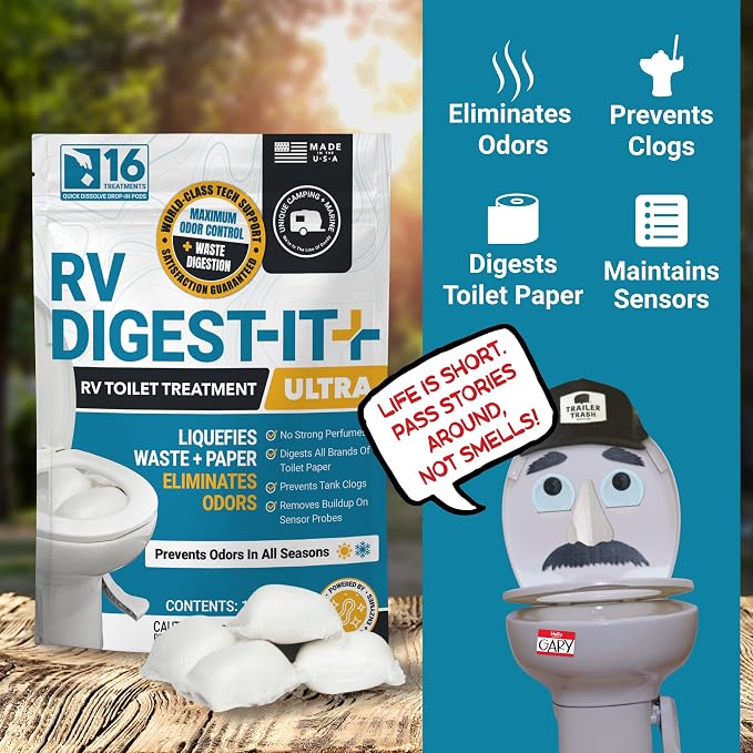 Unique RV Digest-It Ultra Drop-In Pods RV Black Tank Treatment | Strong formula controls odors & digests waste & toilet paper; 16 premeasured treatments per pouch, 3-Pack