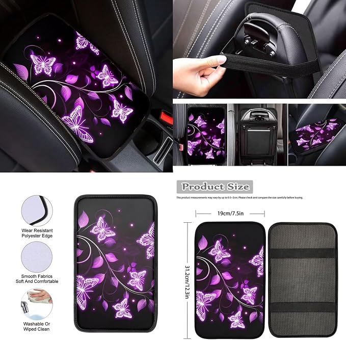 Purple Butterfly Car Seat Covers Full Set 12 Pack Car Steering Wheel Cover Auto Seat Belt Cover Center Console Cover Cars Coasters Gear Lever Cover for Most Cars, SUVs