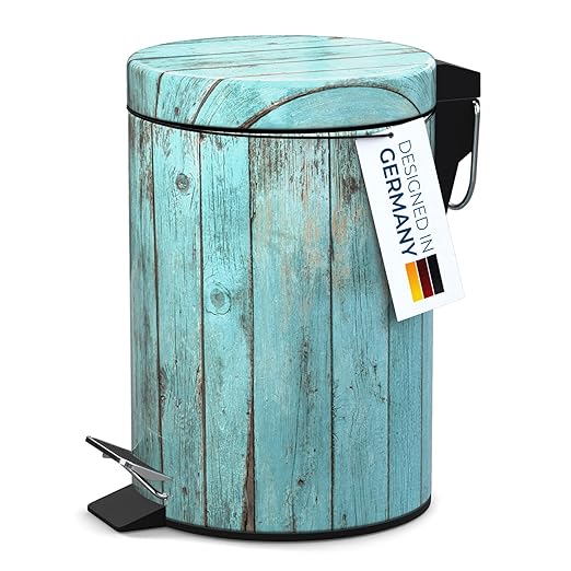 Sanilo Small Bathroom Trash Can with Lid [1.3 Gallon] - Lidded Tiny Trashcan for Garbage - Mini Metal Bin with Soft Closing Mechanism - Bath Room Accessoire Wastebin with Inner Bucket (Lumber)