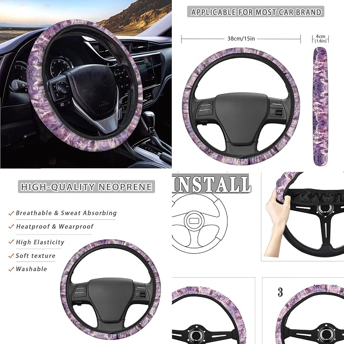 3D Wolf Car Seat Covers Full Set with Steering Wheel Cover, Shoulder Pads, Breathable Stretchy Bucket Seat Covers Auto Seat Cover Universal Fit for Most Cars, Purple