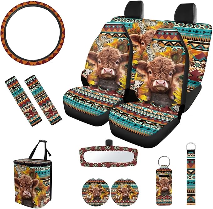 Aztec Highland Cow 12 Pieces Car Accessories Set Steering Wheel Cover Seat Belt Pads Car Trash Bin Rear View Mirror Cover Car Coasters Keychain Holder Keychains Fashion Auto Interior