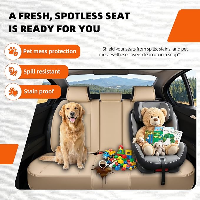 5-Seater Car Seat Covers Full Set Waterproof and Breathable Nappa Leather, Fit for Front and Rear Seats of Cars, Compatible with Airbags, Car Seat Protector Covers for Most Cars - Beige
