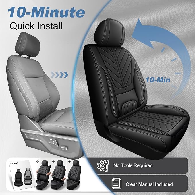 for Dodge RAM 1500 2500 3500 2012-2026 Front Seat Covers | Faux Leather Breathable Cooling Truck Bighorn Laramie Tradesman Crew Cab, Leather Seat Protector (2 Front Set, Black)