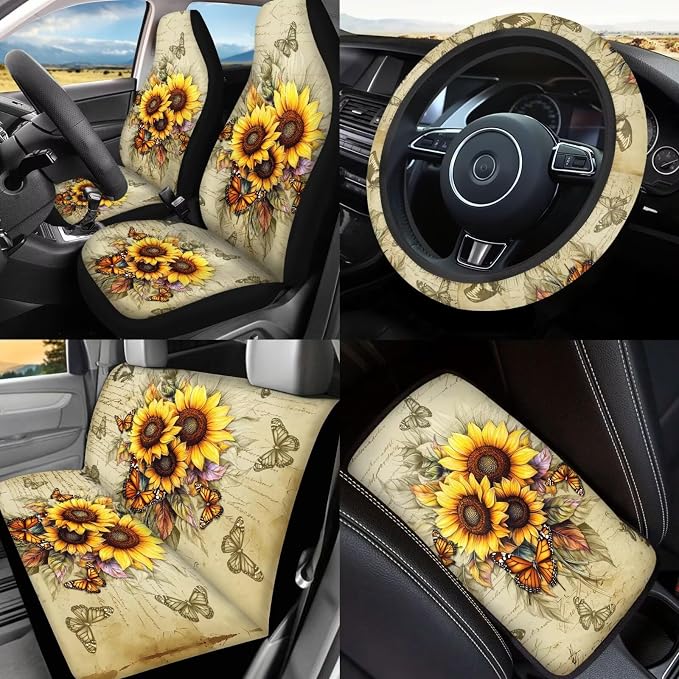 Sunflowers Car Seat Covers Full Set with Backseat Trash Can Steering Wheel Cover Retro Sunflowers Auto Aaccessories Sets Universal Car Seat Covers Full Set for Front and Rear,Universal Fit