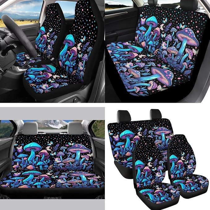 Blue Mushrooms Car Seat Covers Universal Fit 14Pcs Butterfly Mushroom Cottagecore Car Accessories Protection with Steering Wheel Cover Keychain Coasters