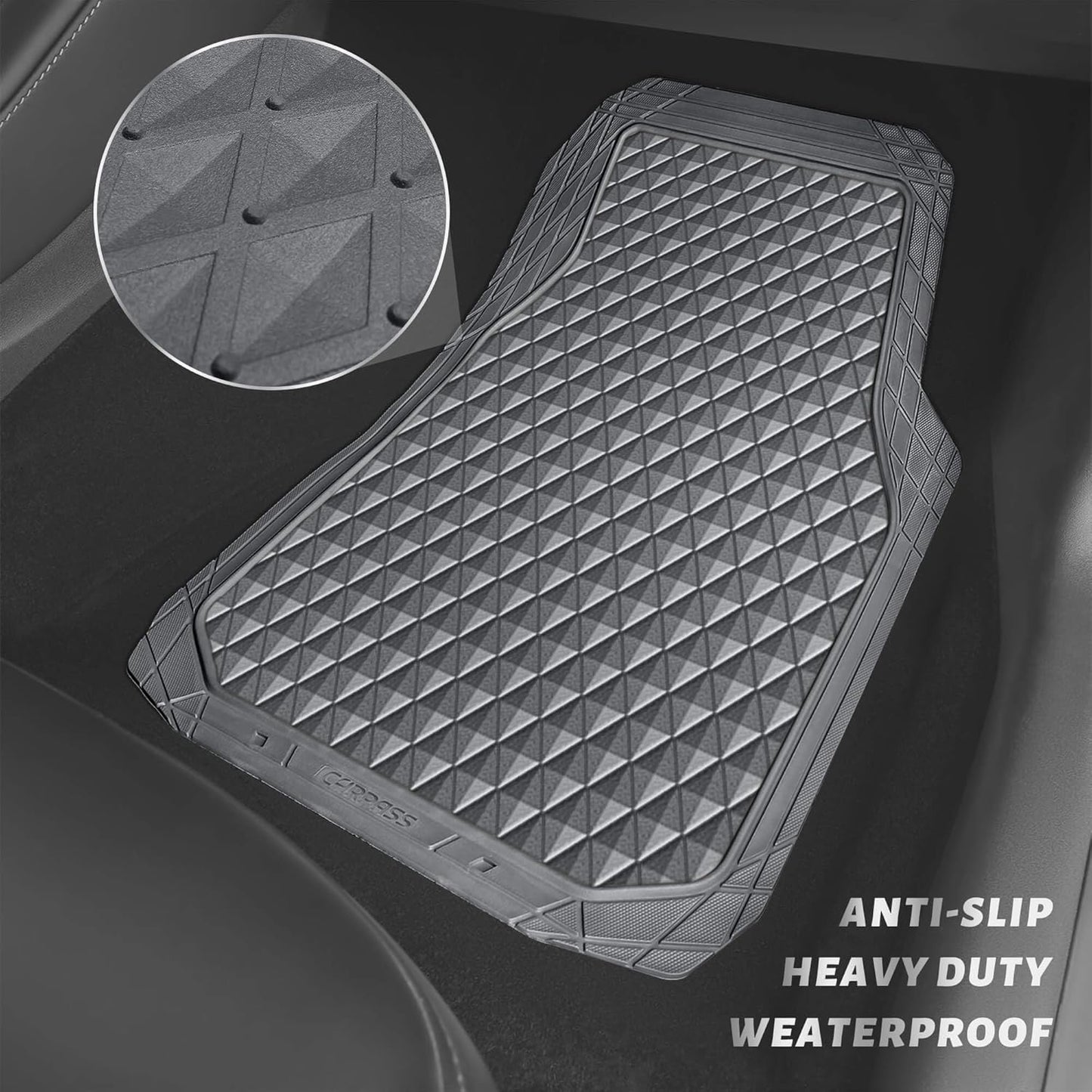 CAR PASS Gray Rubber Car Mats, All-Weather Floor Mats Full Set Durable Anti-Slip 3D Rhombus Waterproof Automotive Pad Trim to Fit Liner Universal Fit for Sedan SUV Truck Van, 4 Pcs All Gray Rubber