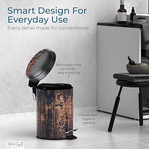 Sanilo Small Bathroom Trash Can with Lid [1.3 Gallon] - Lidded Tiny Trashcan for Garbage - Mini Metal Bin with Soft Closing Mechanism - Bath Room Accessoire Wastebin with Inner Bucket (Vintage)