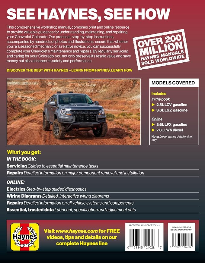 Haynes Compatible for the Chevrolet Colorado (2015–2022) Repair Manual: Covers 2.5L & 3.6L Gas Engines, 3.6L LFX & 2.8L LWN Diesel – Step-by-Step Maintenance, Repairs, Diagnostics & Wiring Diagrams