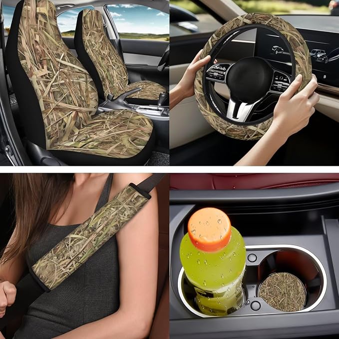 Bulopur Deer Hunting Camouflage Auto Seat Covers Full Set with Matching Steering Wheel Cover Center Console Cushion Auto Seat Belt Covers Coasters 14 PCS Car Interior Decor Set