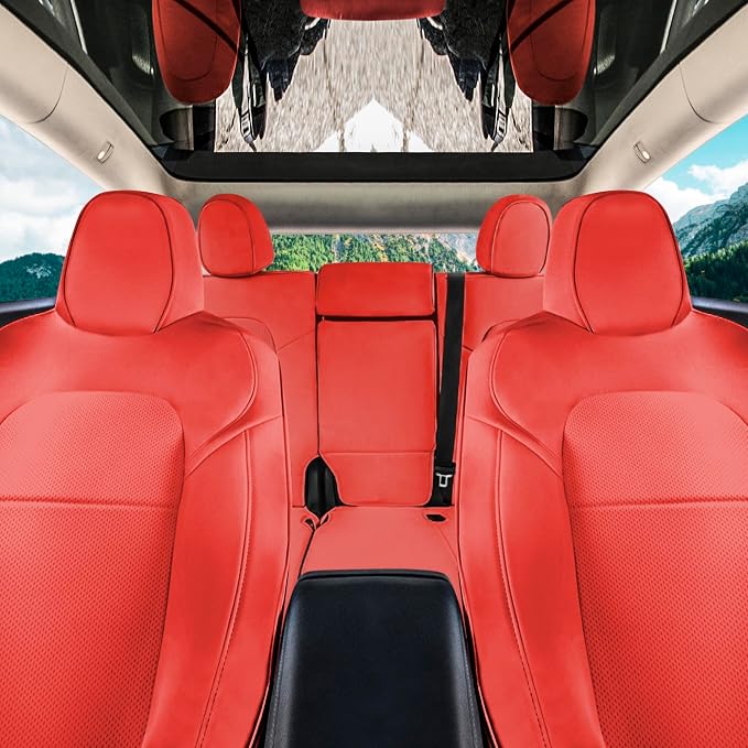 FH Group Custom Fit Car Seat Covers Specifically Made for 2020-2022 Tesla Model Y - Faux Leather, Waterproof, Airbag Compatible, Solid Red
