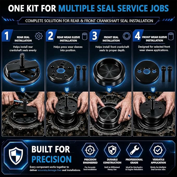 Front+Rear Crankshaft Seal Remover & Installer Kit for Cummins 3.9L 5.9L 6.7L 1989-2016 Replaces 1338 3824498 5046 3824500 3164660 ST-224C 3824078 5395259 2063800090
