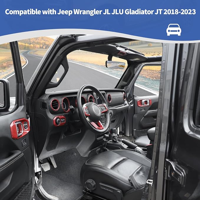RT-TCZ for Wrangler JL Interior Trim Kit Compatible with Jeep Wrangler JL JLU Gladiator JT 2018-2023 Red Carbon Fiber Interior Accessories 23pcs