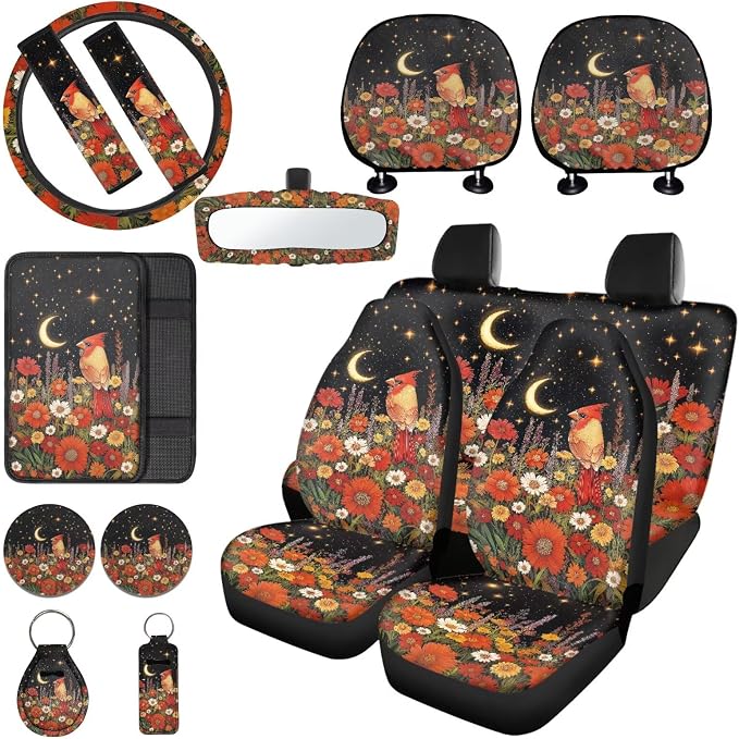 Cardinal Floral Moon Print Car Seat Cover Full Set with Auto Steering Wheel Cover Seat Belt Protector Armrest Pad Auto Rear View Mirror Protector Set of 15, Car Accessories Set, Orange