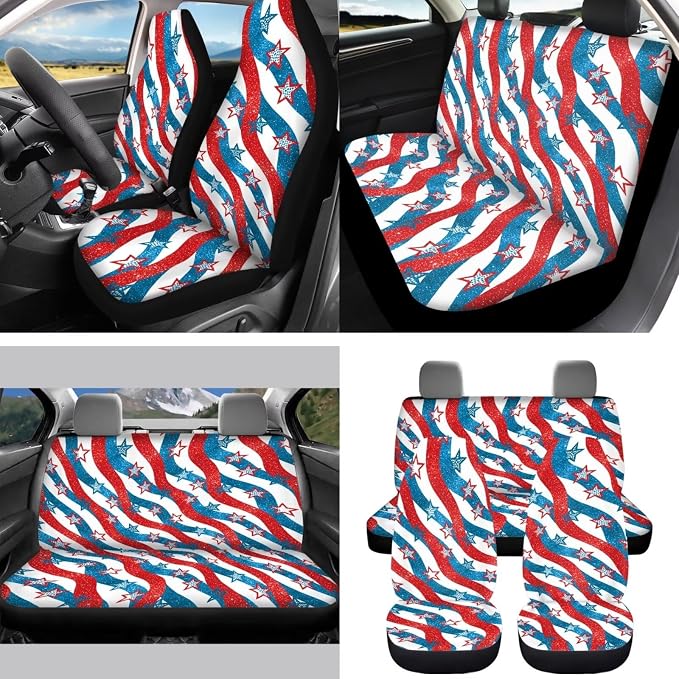 Red and Blue Stripe Stars Auto Interior Accessories Car Seat Covers with Auto Steering Wheel Cover Seat Belt Covers Car Trash Can View Mirror Cover Coaster Keychains