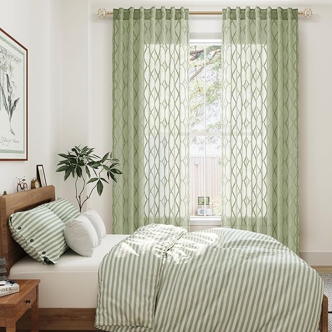 Sage Green Sheer Curtains 90 Inch Long for Living Room 2 Panels Back Tab Pocket Light Green Boho Farmhouse Drapes Light Filtering Privacy Embroiderd Textured Rustic Window Curtain for Bedroom 52x90